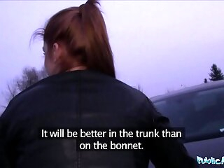 Public Agent Harmless looking ginger girl fucked over a car bonnet
