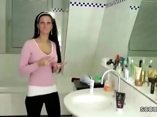 German Step-Sister Caught in Shower and Helps with Handjob