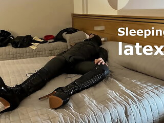 Sleeping wearing spandex and high shoes